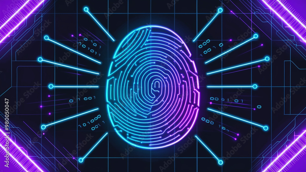 A glowing digital fingerprint surrounded by neon lines and binary codes, representing biometric security, identity verification, and digital authentication. A glowing digital fingerprint surrounded by neon lines and binary codes, representing biometric security, identity verification, and digital authentication.