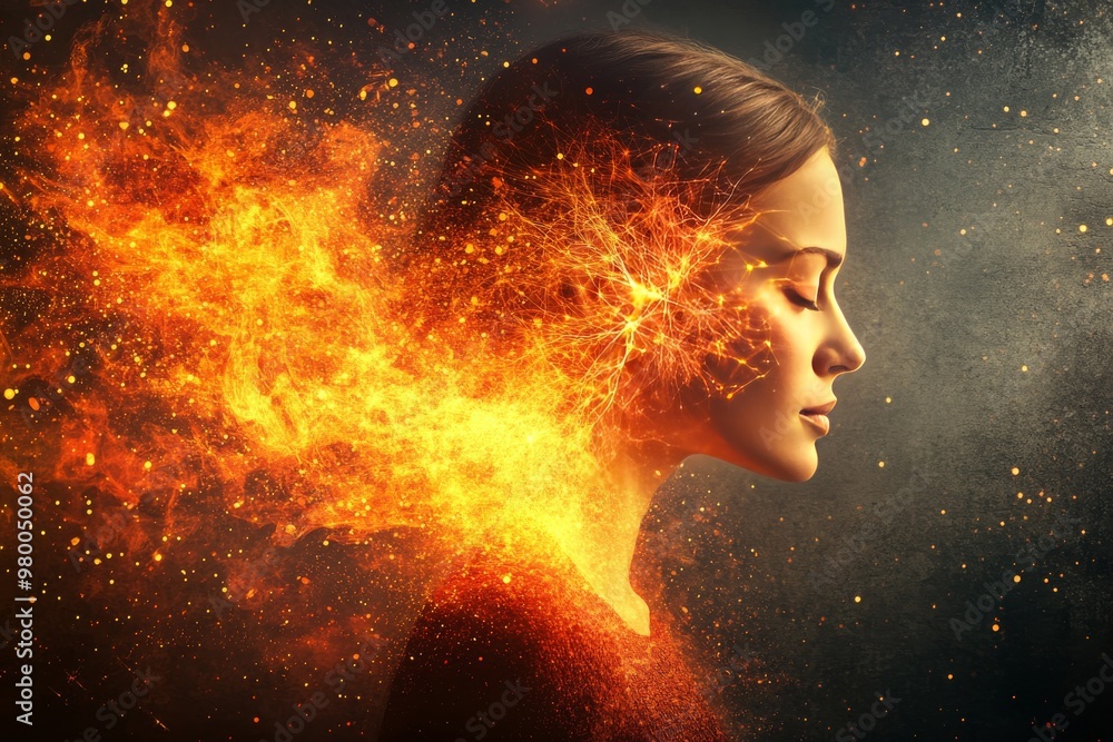 Woman’s profile consumed by swirling flames and sparks embodying the themes of passion transformation and fiery energy with vibrant intensity in a surrealistic high energy scene Woman’s profile consumed by swirling flames and sparks embodying the themes of passion transformation and fiery energy with vibrant intensity in a surrealistic high energy scene