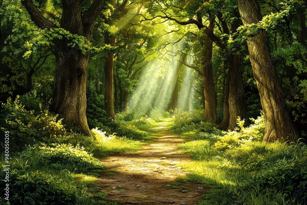 Sunbeams Illuminating a Forest Path