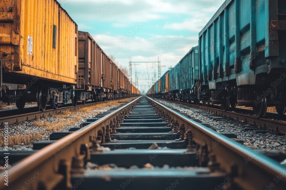 Fototapeta premium Close up of vintage freight cars on tracks in a sunny railway setting
