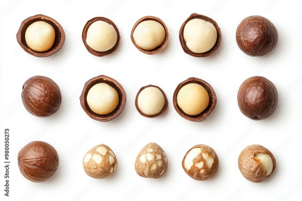 Close up overhead view of macadamia nuts shells and kernels on white surface Close up overhead view of macadamia nuts shells and kernels on white surface