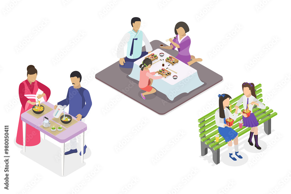 3D Isometric Flat Illustration of Korean or Japanese Food, Translation Oriental Cuisine 3D Isometric Flat Illustration of Korean or Japanese Food, Translation Oriental Cuisine