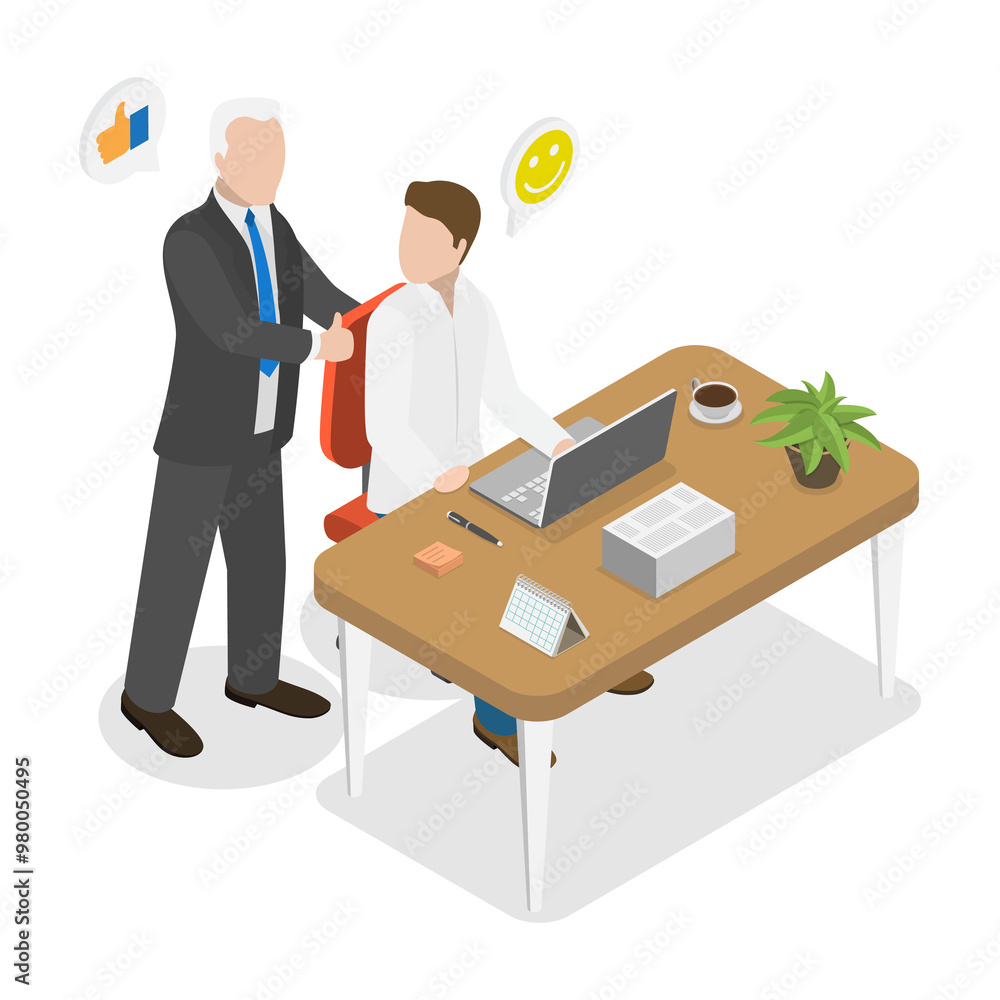 3D Isometric Flat Illustration of Happy Employer, Employee Recognition 3D Isometric Flat Illustration of Happy Employer, Employee Recognition