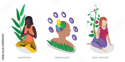 3D Isometric Flat Illustration of Human Mental Health, Healthy Lifestyle