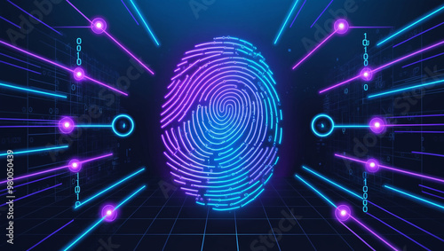 A glowing digital fingerprint surrounded by neon lines and binary codes, representing biometric security, identity verification, and digital authentication. photo