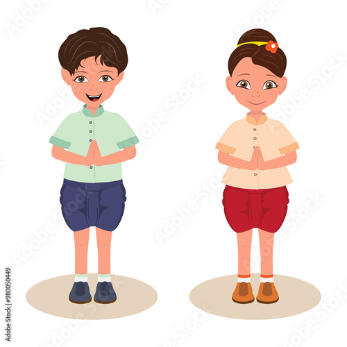 Flat  Illustration of Sawasdee, Kids in Traditional Clothing