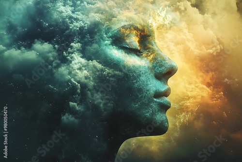 Abstract woman face with clouds and colorful nebula, digital art