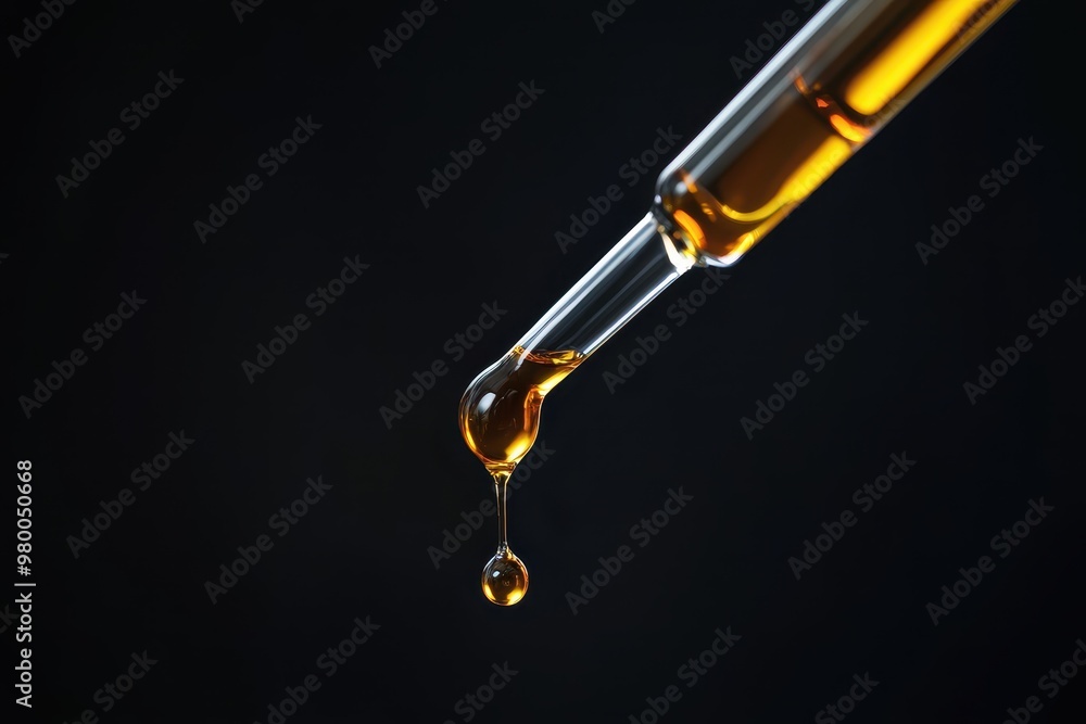 Closeup of tincture dripping from a pipette on a black backdrop with text space Closeup of tincture dripping from a pipette on a black backdrop with text space