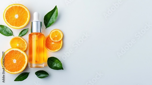  Orange essential oil surrounded by orange slices and leaves on a white background, with green leaves surrounding it