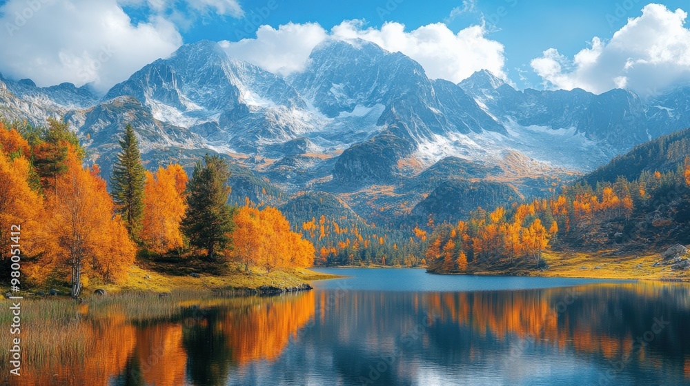 Majestic Autumn Mountain Landscape with Vibrant Foliage and Serene Lake Majestic Autumn Mountain Landscape with Vibrant Foliage and Serene Lake