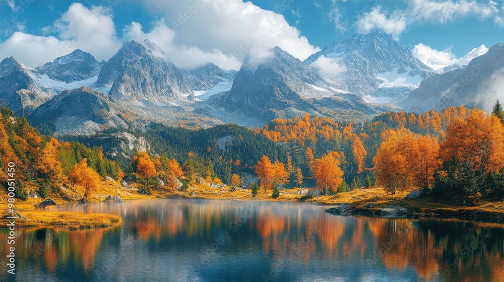 Majestic Autumn Mountain Landscape with Vibrant Foliage and Serene Lake Majestic Autumn Mountain Landscape with Vibrant Foliage and Serene Lake