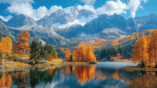 Majestic Autumn Mountain Landscape with Vibrant Foliage and Serene Lake