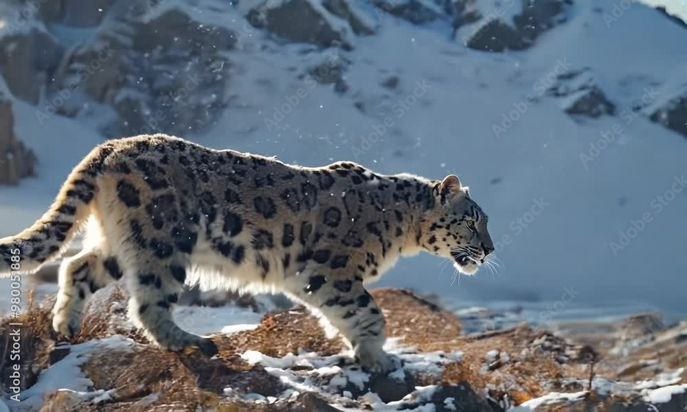 Agile snow leopard traversing the rugged terrain of the Himalayas, Video Agile snow leopard traversing the rugged terrain of the Himalayas, Video