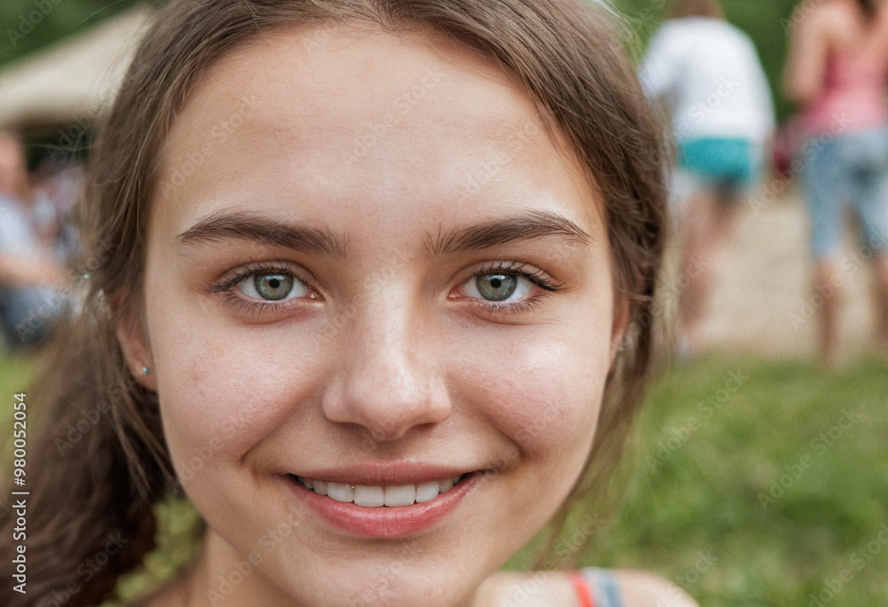 Close-up face, smiling, happy, eyes and mouth with white teeth, outside in nature at outdoor pool, forest clearing, grassy meadow, teenage girl or young adult woman Close-up face, smiling, happy, eyes and mouth with white teeth, outside in nature at outdoor pool, forest clearing, grassy meadow, teenage girl or young adult woman