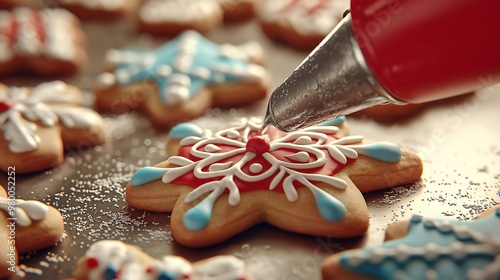 Icing Christmas Snowflake Cookies in Red White Blue photo