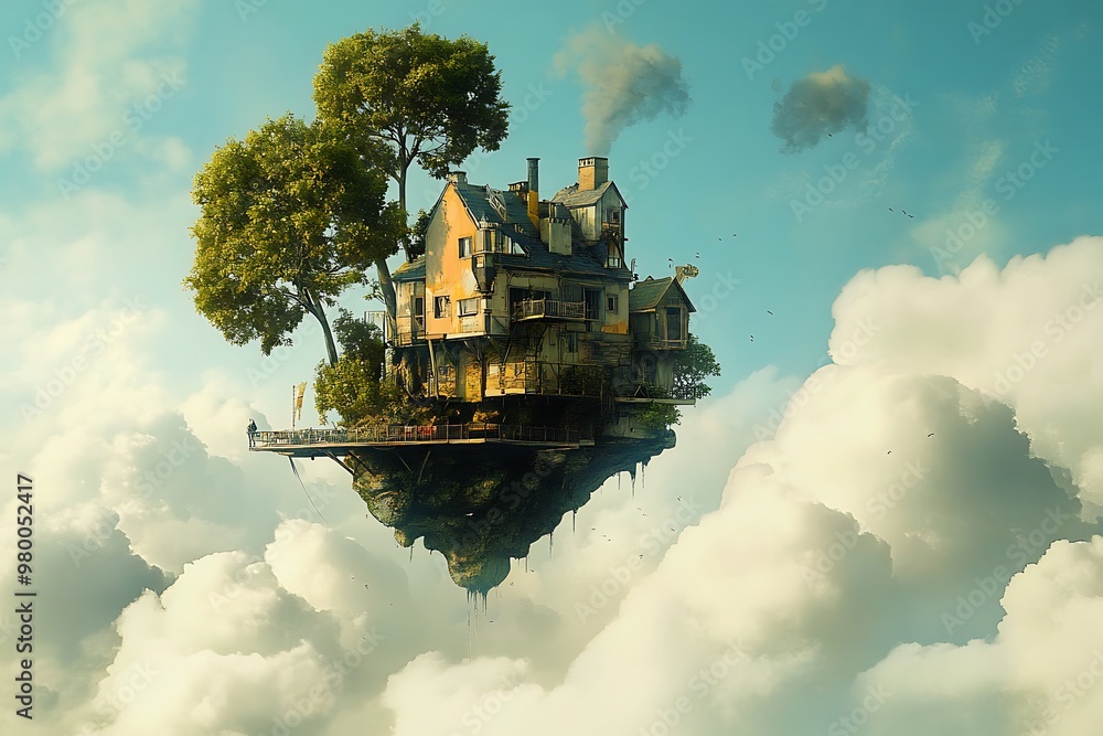 Floating House in the Sky with Clouds and Trees, Surreal Dreamy Concept Floating House in the Sky with Clouds and Trees, Surreal Dreamy Concept