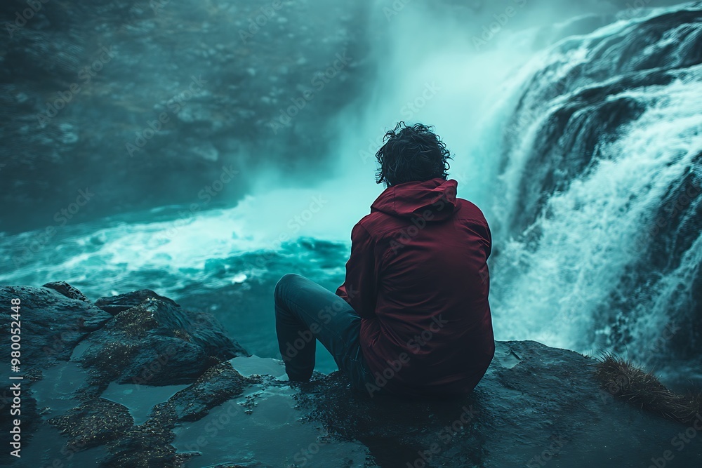 Fototapeta premium Man sitting alone by powerful waterfall, contemplation and peace in nature