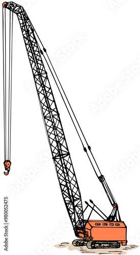 Orange crawler construction crane with a straight lattice boom, ink drawing with coloring