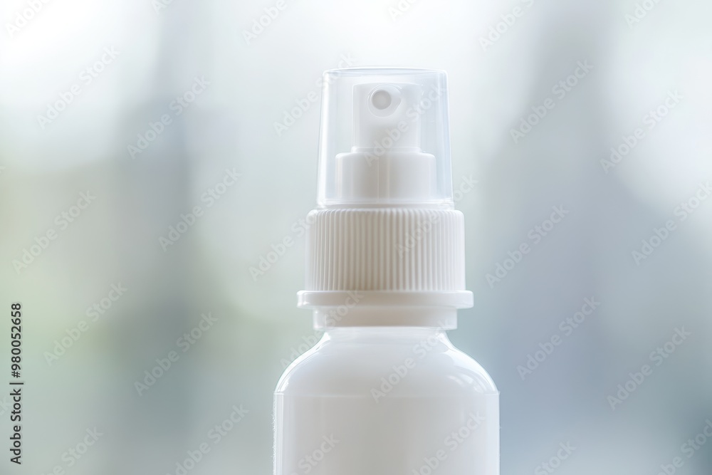Concept of medical and personal hygiene treatment Close up of an empty nasal spray bottle against a blurred white background Symptoms runny nose sniffling Concept of medical and personal hygiene treatment Close up of an empty nasal spray bottle against a blurred white background Symptoms runny nose sniffling