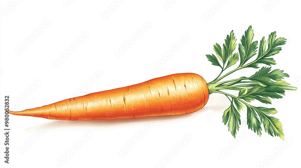 A carrot with a green stalk drawn on a white background A carrot with a green stalk drawn on a white background