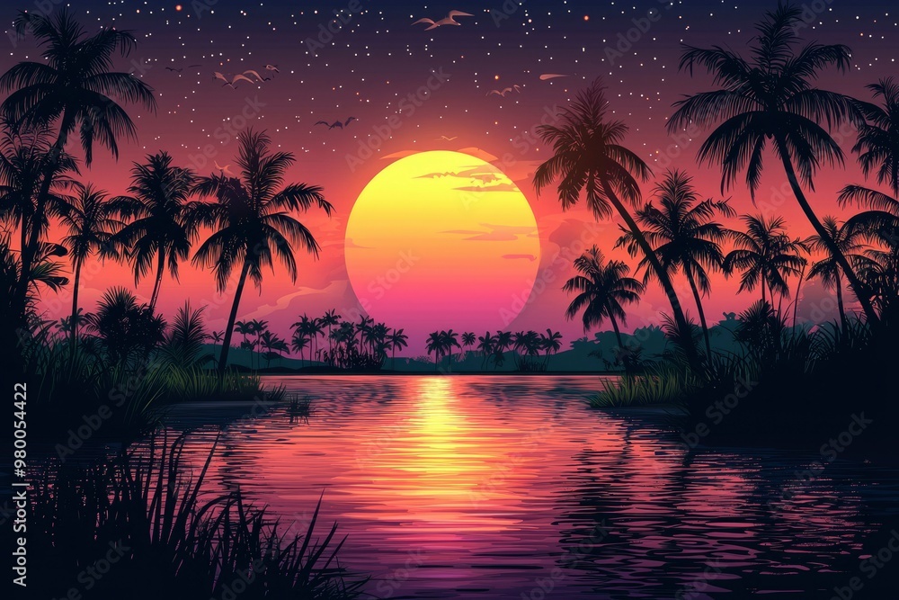 Silhouetted Palm Trees Against a Sunset Over a Still Body of Water Silhouetted Palm Trees Against a Sunset Over a Still Body of Water