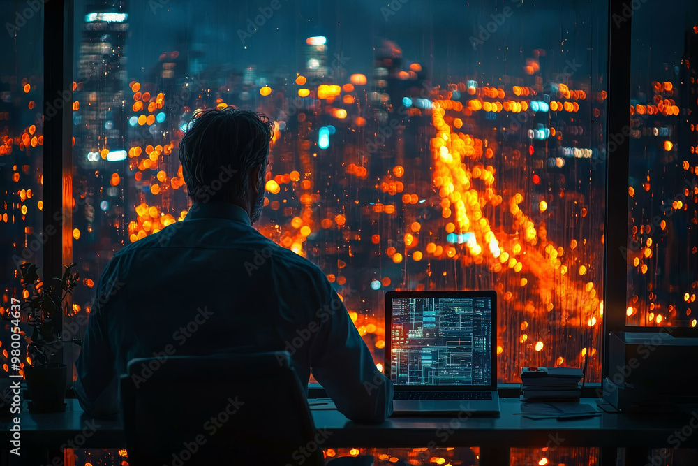 A professional man working late in a high-rise office with city lights outside, representing dedication and ambition. A professional man working late in a high-rise office with city lights outside, representing dedication and ambition.