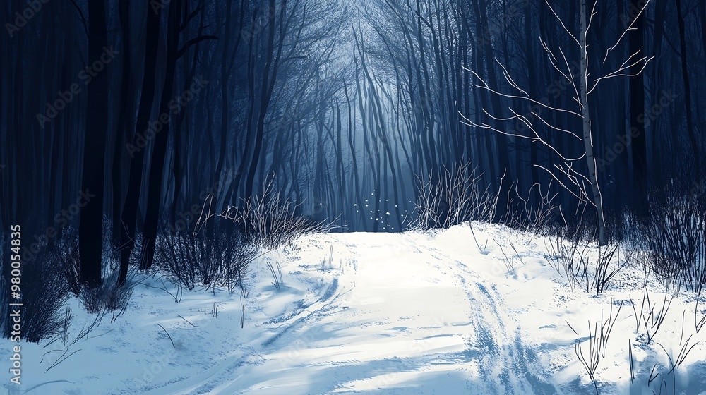 Naklejka premium Snowy Road Through a Dark Winter Forest