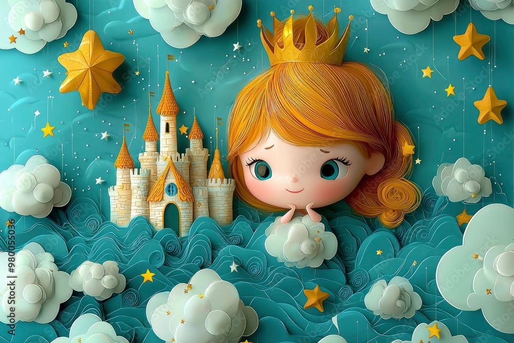 Fototapeta premium A Little Princess Dreams of a Castle in the Clouds