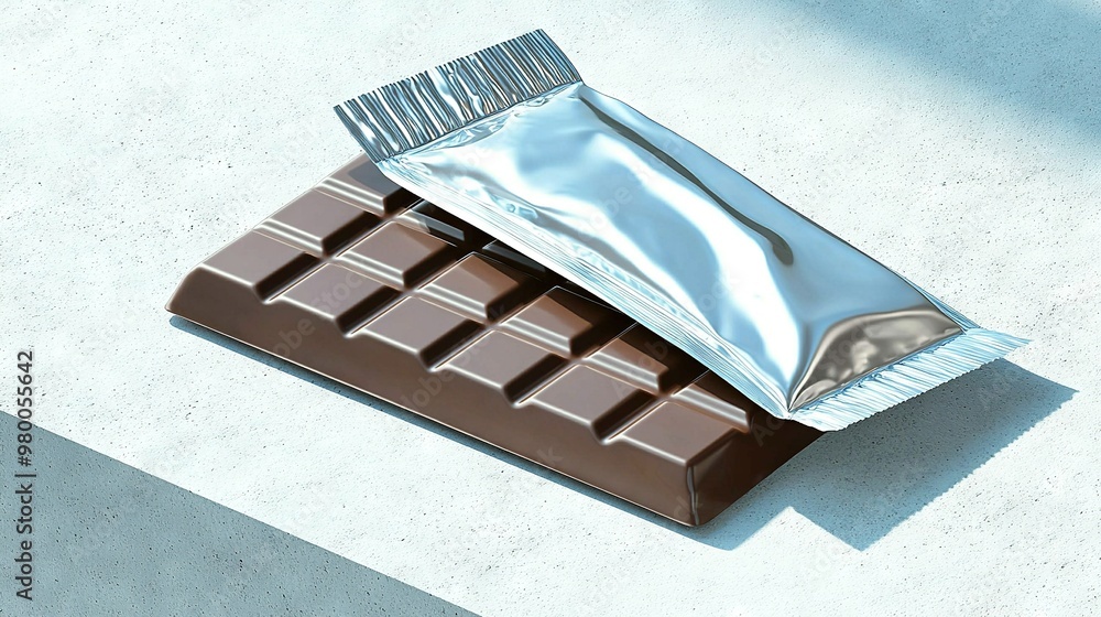 A white countertop holds two chocolate bars, one with a wrapper, the other without A white countertop holds two chocolate bars, one with a wrapper, the other without