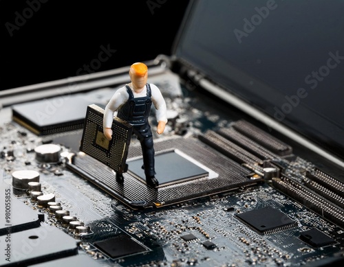 A conceptual image featuring miniature worker figures inspecting a fault on a computer mainboard. generative ai photo