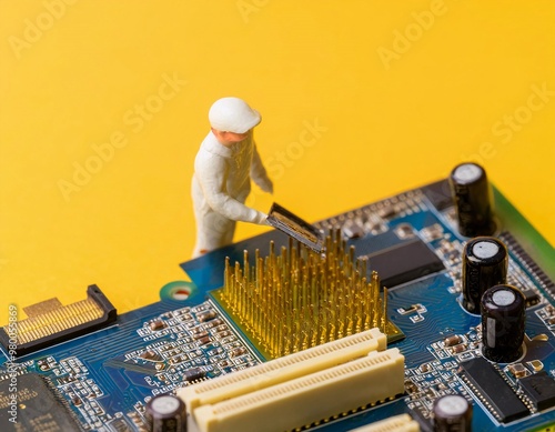 A conceptual image featuring miniature worker figures inspecting a fault on a computer mainboard. generative ai photo