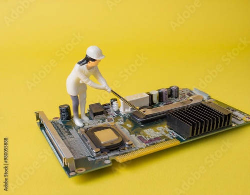 A conceptual image featuring miniature worker figures inspecting a fault on a computer mainboard. generative ai photo