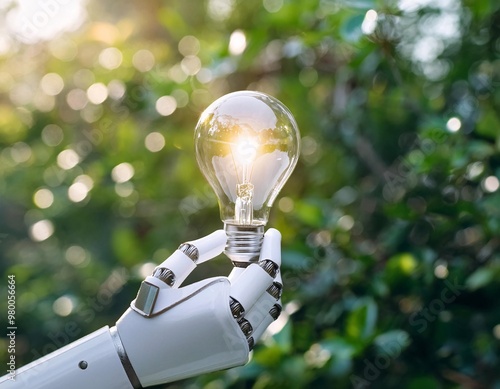 a robotic hand holding a light bulb, with a background of green and beautiful natural scenery. generative ai photo