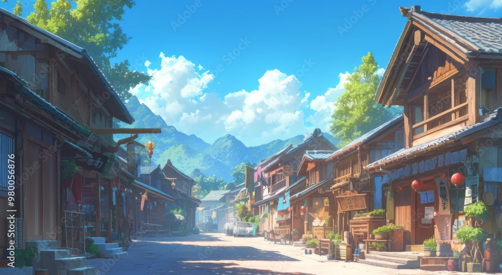 Charming Old Town Scene with Ancient Street, Greenery, and Warm Tones. Houses, Trees, Telephone Poles, and a Small Basket on Roof with Mountainous Background and Blue Sky. Charming Old Town Scene with Ancient Street, Greenery, and Warm Tones. Houses, Trees, Telephone Poles, and a Small Basket on Roof with Mountainous Background and Blue Sky.