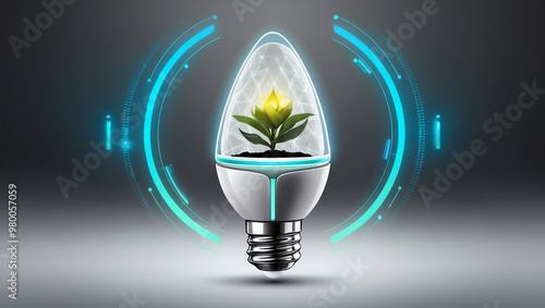 A glowing light bulb with a plant inside, surrounded by digital icons, symbolizing eco-friendly energy, sustainability, and the integration of technology with nature. photo