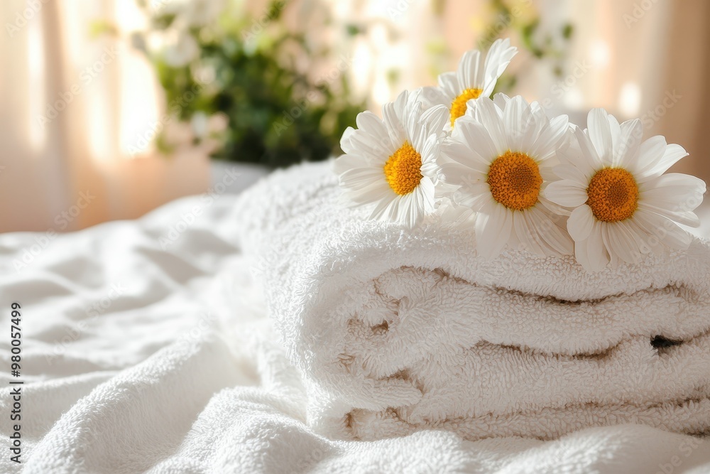 Decorative floral towels on an indoor bed room for text Decorative floral towels on an indoor bed room for text