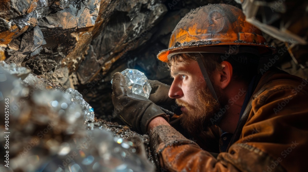 Miner finding a diamond inside a mine cave Miner finding a diamond inside a mine cave