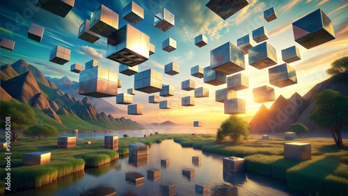Tableau sur toile Abstract 3D cubes floating in a surreal landscape