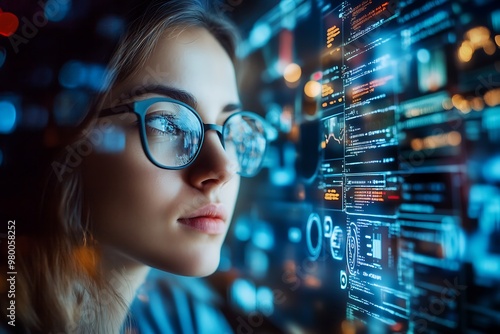 Young woman programmer looking at computer screen with coding on it, concept of artificial intelligence, machine learning and technology