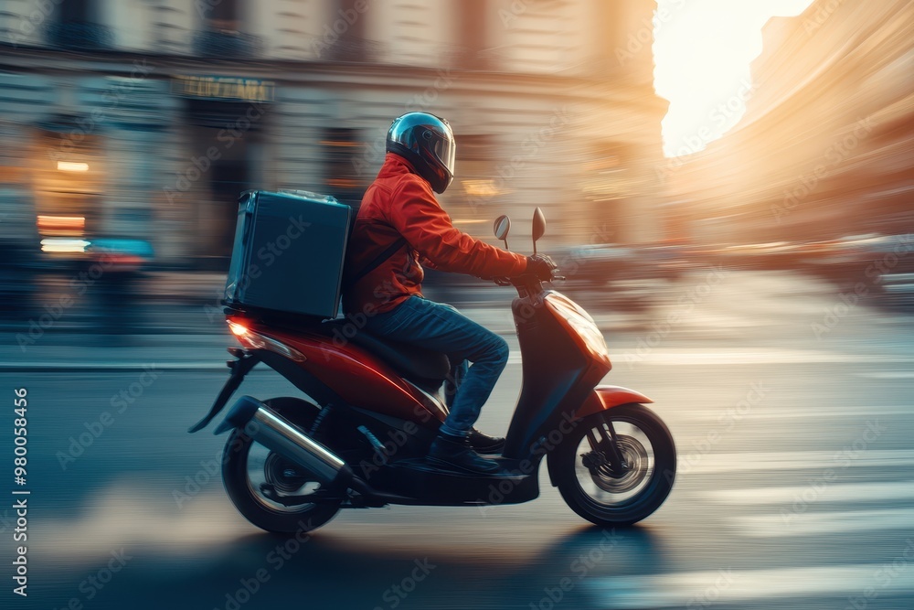 Fototapeta premium Delivery rider navigating the city on a motorcycle