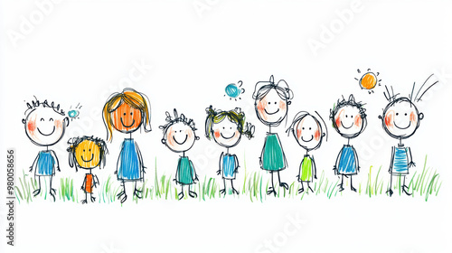 A large group of stick figure family members and kids standing in grass, expressing unity, happiness, and togetherness in a playful, cartoon style.