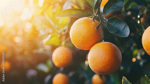   Oranges dangle from a tree, with sunlight filtering through the leafy canopy above photo