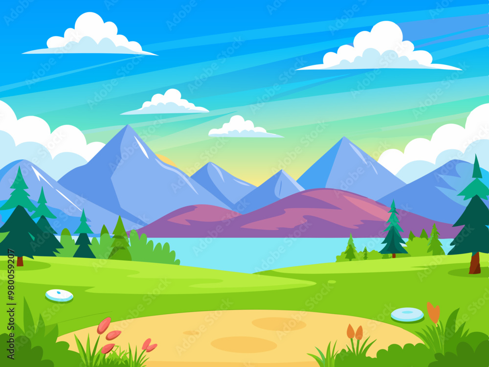 Fototapeta premium Clear turquoise mountain lake view. Rocky mountains on the river bank. Dawn or sunset in the mountains above the lake stock illustration