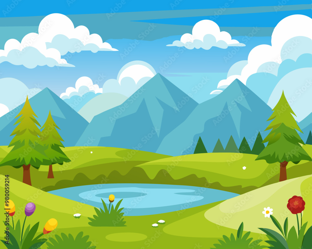 Fototapeta premium Horizontal spring summer landscape. Sunset, pink sky. Mountains, lake, forest, flying butterflies. Clear weather. Color vector illustration. Nature background with empty space for text stock illustrat