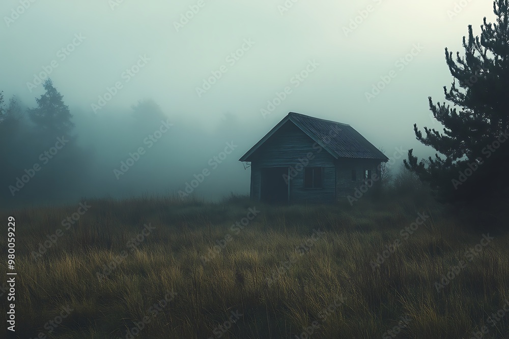 Mysterious foggy landscape with a lonely cabin in the distance Mysterious foggy landscape with a lonely cabin in the distance