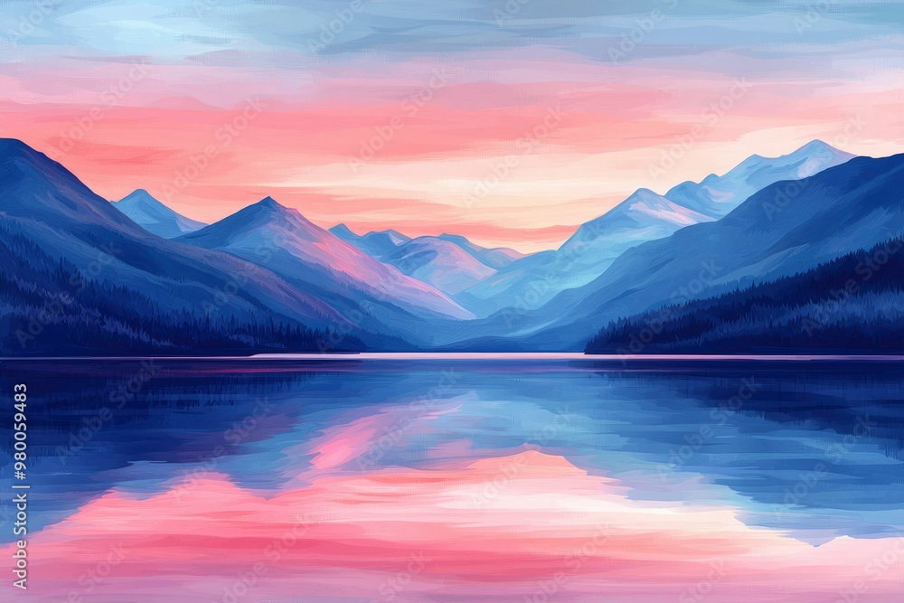 Mountain Range Reflected in a Still Lake at Sunset Mountain Range Reflected in a Still Lake at Sunset