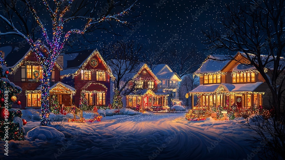 Snowy Neighborhood with Festive Christmas Lights Snowy Neighborhood with Festive Christmas Lights