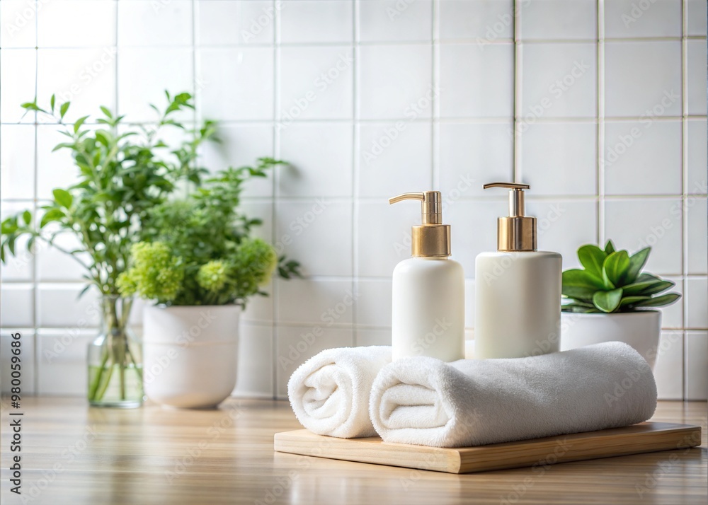 A high quality professional photo of soap (((bottles))) and shampoo (((bottles))) placed next to cotton towels with a green plant on a white table, set against a bathroom background. A high quality professional photo of soap (((bottles))) and shampoo (((bottles))) placed next to cotton towels with a green plant on a white table, set against a bathroom background.