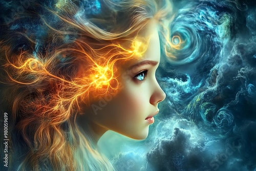 Fiery haired young girl surrounded by swirling clouds of blue and orange symbolizing the untamed power of imagination and the dynamic energy of youthful creativity in a surreal atmosphere