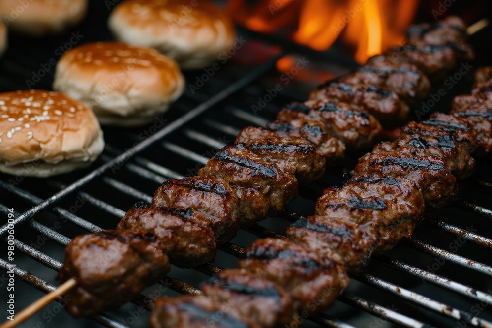 Detail view of grilled skewers and burgers on a rack Detail view of grilled skewers and burgers on a rack